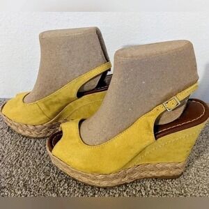 Yellow Espadrille Platform Wedge Sandals Peep Toe‎ Ankle Strap Summer Shoes 6.5